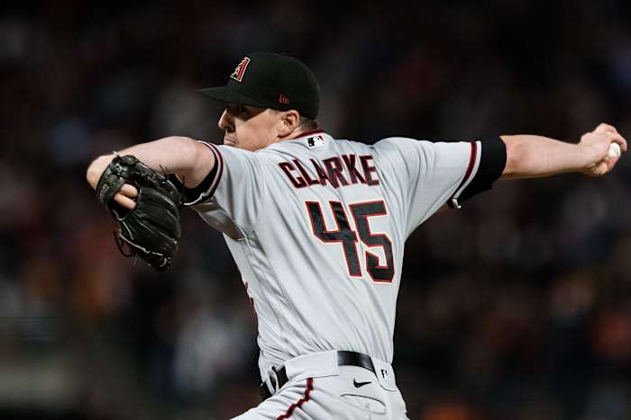 Aug 10, 2021; San Francisco, California, USA; Arizona Diamondbacks pitcher Taylor Clarke (45) throws against the San Francisco Giants in the seventh inning at Oracle Park. Mandatory Credit: John Hefti-USA TODAY Sports
